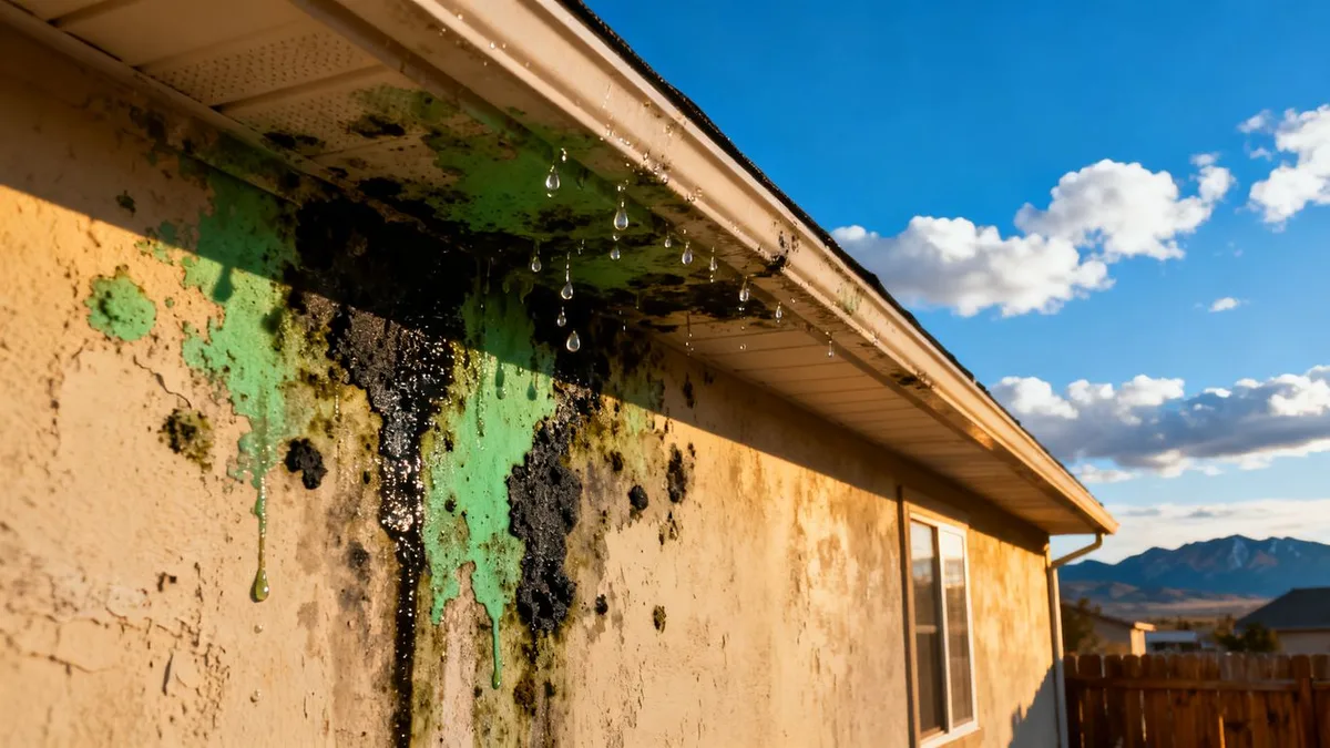 Mold and water staining streaking down the exterior wall of a Colorado home below a dripping gutter.